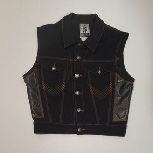 RARE Vintage 90s Jean Paul Gaultier Jeans Black Denim Vest Leather Panel